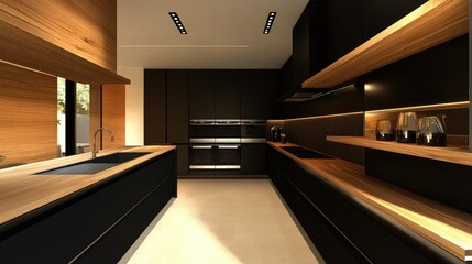 High-end black and wood kitchen with integrated handles, floating wood shelves, and sleek design features