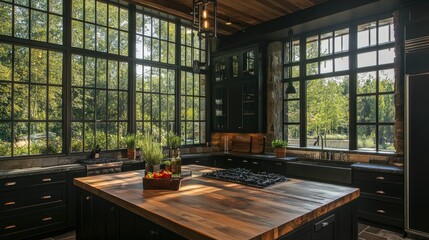 Industrial-inspired kitchen with black lower cabinets, reclaimed wood countertops, and metal accents for a modern edge