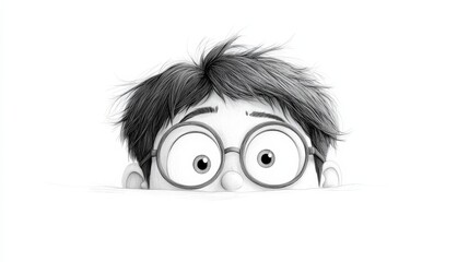Fototapeta premium Illustrative Line Art of a Cartoon Character Peeking Over an Edge with Surprise Expression