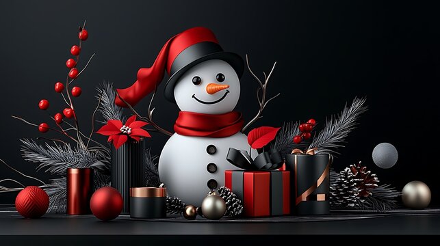 there is a snowman wearing a red hat and scarf surrounded by christmas decorations - Powered by Adobe