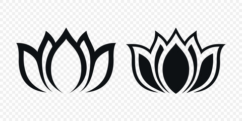 Flat Single Color Vector Lotus Flower Icon Set. Monochrome Floral Symbol. Lotus Silhouette Design for Yoga and Spa Logo. Botanical and Nature Emblem Set. Elegant Flower Clipart