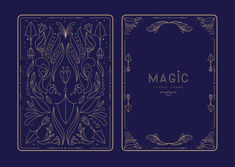 Naklejka premium Modern magic witchcraft frames with floral elements and ornament. Decorative floral back and face card design. Vector illustration
