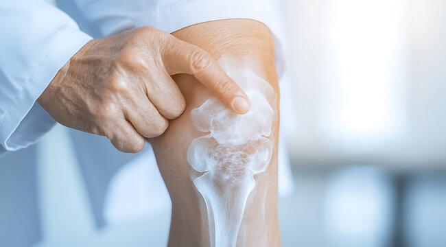 Examining Knee Pain: Doctor points to x-ray overlay, indicating joint issues. Diagnosis and care for bone health. Seeking medical advice.