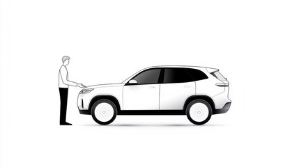 Fototapeta premium Minimalistic Line Art of a Person Checking Engine of a White Vehicle in Open Space