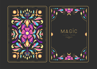 Modern magic witchcraft frames with floral elements and ornament. Decorative floral back and face card design. Vector illustration