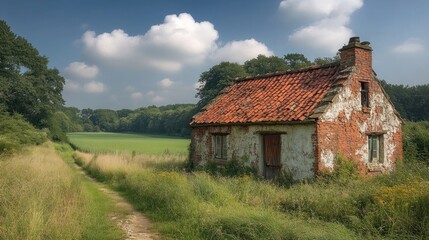 Obraz premium Rustic, weathered cottage nestled in a rural landscape