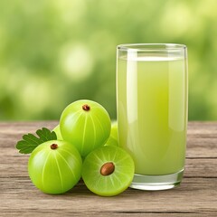 Fresh Indian gooseberry amla juice in glass with whole and sliced fruits on wooden table and nature background