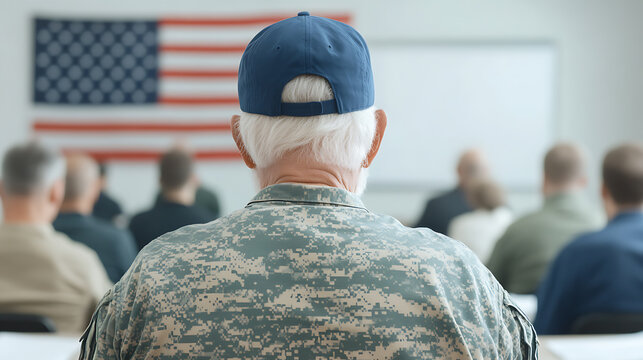 Veteran in camouflage attending a meeting with other people. An American flag is displayed in the background. The veteran wears a blue baseball cap.