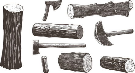 Hand Drawn Illustration of Logs and Axes for Lumberjack Theme