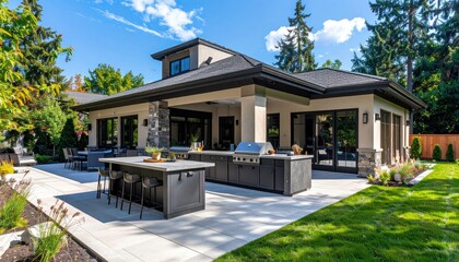 Modern Exterior Home with Outdoor Kitchen and Patio