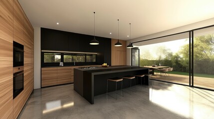 Open-plan kitchen in black and wood tones, with a sleek island, hanging lights, and polished concrete floor