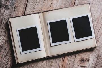 Fototapeta premium Open antique photo album on wood, displaying three empty photo spaces; aged pages and worn cover suggest nostalgia and memories