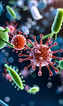 Microscopic Gen-3 Alpha Turbo 183344109 View of Floating Viruses and Bacteria Cells Illustration