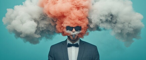 Overwhelmed businessman surrounded by colorful smoke clouds