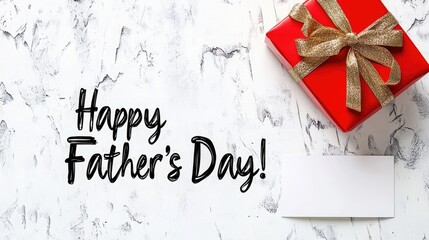 Father's Day Overhead View Design, Red Gift Box with Gold Ribbon & Bow on Textured White Background, Black Script Text on Left, Blank White Card Below, Minimalist Corporate Event Poster