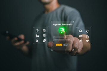 Close up Hand Man Using Smartphone to Confirm Payment with Virtual Interface Showing Successful...