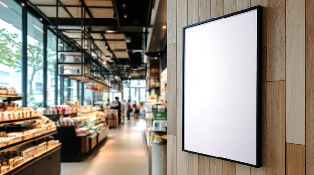 Blank framed poster on a wooden wall inside a modern, well-lit grocery store or cafe with shelves of products and large windows.
