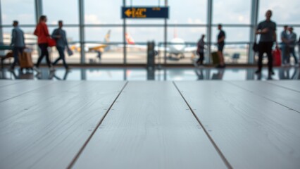 Wooden table top for product display on the blurred airport background