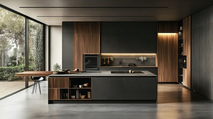 Obraz premium Ultra-modern kitchen with a central island featuring smart appliances, wood panel accents, and polished concrete floors