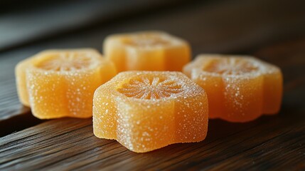 Four orange, star-shaped, sugared candies on a wooden surface