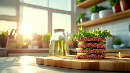 Stacked fresh meat patties on a wooden board, illuminated by morning sunlight in a bright kitchen