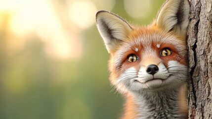 Cute fox close-up, peeking from behind a tree