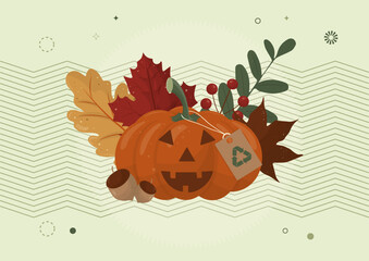 Sustainable Autumn Jack-o'-Lantern with Recycled Tag. Eco-friendly Halloween concept. sustainable seasonal marketing. Eco-conscious halloween concept. Flat style. Vector illustration