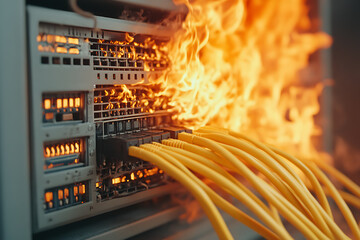 Server Room Fire: Data Center Emergency with flames engulfing network equipment and cables. Risk of data loss in critical IT infrastructure.