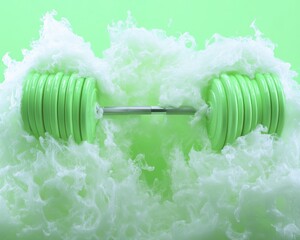 Green dumbbell in a cloud of white foam