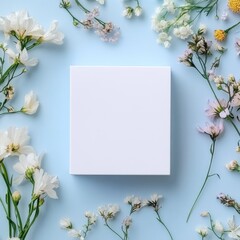 A blank square notepad sits center, surrounded by a border of delicate pastel flowers on a light blue background
