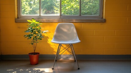 Empty white chair beside plant in a yellow room