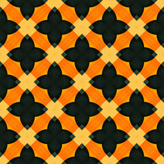 Bold geometric background with stylized black floral shapes arranged on a vibrant orange and light yellow checkered background. Ideal for textiles, paper, and digital projects. 