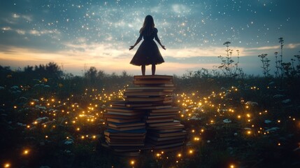 A young woman stands on a stack of books, gazing at the starry sky, surrounded by glowing fireflies