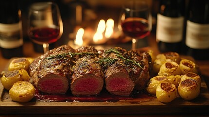 Roasted tenderloin with rosemary, garlic, and roasted potatoes, served with red wine