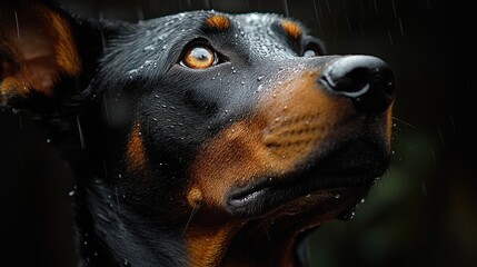 Dog in the rain, close-up portrait