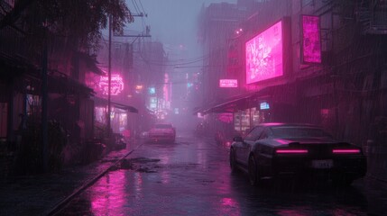 Neon-lit, rain-slicked alleyway, hazy cyberpunk cityscape