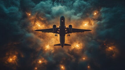 Dramatic airplane landing in stormy clouds