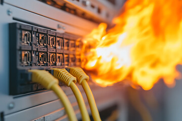 Network server ablaze with network cables connected. Emergency situation, danger of data loss and system outage. Immediate action is required.