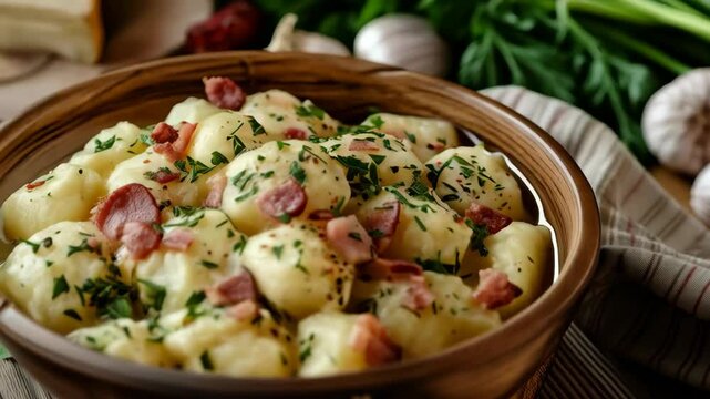 Slovakian bryndzovy halusky in a bowl, potato dumplings with sheep cheese and bacon. A traditional and hearty dish from Slovakia