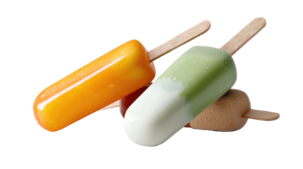 Colorful Frozen Treats: A refreshing trio of vibrant ice pops, each boasting a unique hue, stand together as an appetizing image of summer coolness and joyful refreshment.