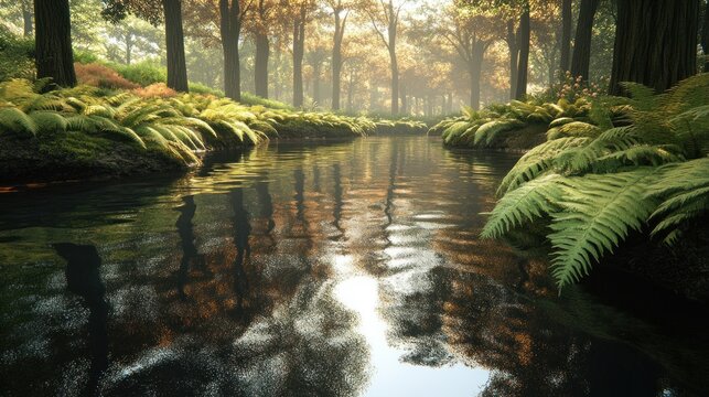 Serene forest stream reflecting sunlight