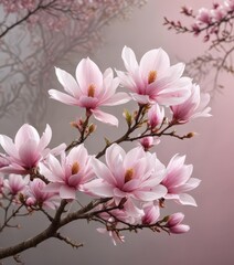Obraz premium Soft pink magnolia flowers in full bloom on a graceful branch , pink, nature, magnolia