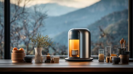 Modern tea brewing appliance on a wooden table overlooking a mountain view