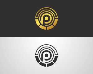 Elegant letter P logo design circular geometric vector template in gold and black variations