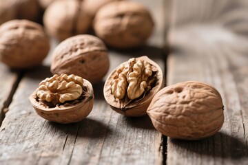Close up view of opened and whole walnuts on rustic wooden surface