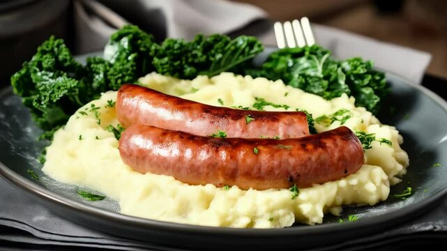 Dutch stamppot on a plate, mashed potatoes mixed with kale and served with a smoked sausage. A traditional and hearty dish from the Netherlands