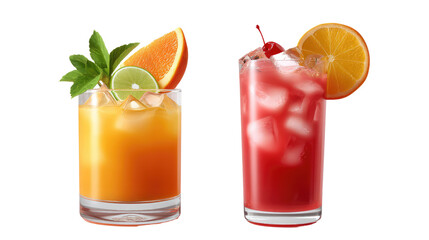 Tropical Cocktail Delights: Captivating views of two vibrantly colorful cocktails, the compositions highlight a refreshing display of refreshment, featuring orange and cherry garnishes