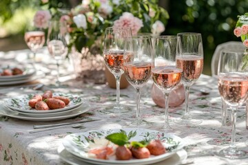 Fototapeta premium Elegant outdoor table with glasses of rosé wine.