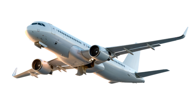 Airplane Taking Off: A powerful airplane takes off into the clear blue sky, its engines roaring and its wings tilted for a dramatic ascent.