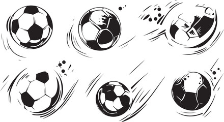 Six Dynamic Black and White Soccer Balls in Motion Graphic Design Elements